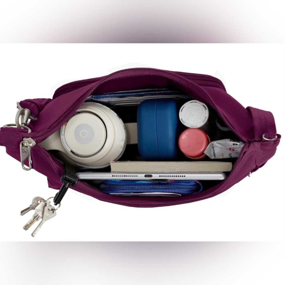 Travelon*Red* Classic Crossbody Bucket Anti-theft Travel Bag - Picture 2 of 10